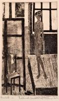 Stettner Béla (1928-1984): Modell (Álló akt). Rézkarc, papír, jelzett, ajándékozási sorokkal (Bélának szeretettel), 22×13 cm