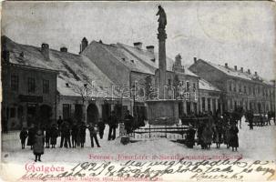 1902 Galgóc, Frasták, Hlohovec; Ferenc József tér, Szentháromság szobor, tél, üzletek. Szold Jakab kiadása / square, Trinity statue, winter