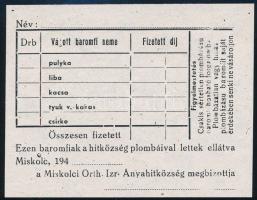 cca 1940 Miskolci Ortodox Izraelita Hitközség baromfi vágási nyomtatványa, 8x10 cm