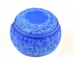 Dekoratív kék üveg ékszeresdobozka, apró kopásokkal, m: 5,5 cm, d: 8 cm