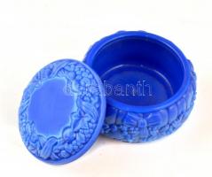 Dekoratív kék üveg ékszeresdobozka, apró kopásokkal, m: 5,5 cm, d: 8 cm