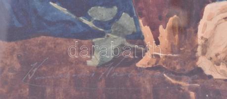 Komáromi Kacz Endréné (1883-1954): Rózsás csendélet. Akvarell, papír, jelzett, Sérült, üvegezett, dí...