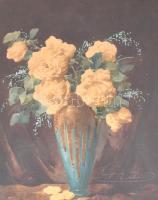 Komáromi Kacz Endréné (1883-1954): Rózsás csendélet. Akvarell, papír, jelzett. Sérült, üvegezett, díszes neobarokk stílusú fa keretben, 50×41 cm
