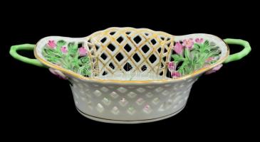 Herendi virág mintás áttört kosárka. Kézzel festett, jelzett, hibátlan 20x9 cm