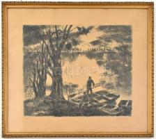 Blahos Rudolf (1917-1986): Estefelé. Rézkarc, papír, jelzett, díszes üvegezett fa keretben, 27×33 cm