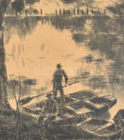 Blahos Rudolf (1917-1986): Estefelé. Rézkarc, papír, jelzett, díszes üvegezett fa keretben, 27×33 cm