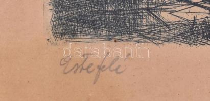 Blahos Rudolf (1917-1986): Estefelé. Rézkarc, papír, jelzett, díszes üvegezett fa keretben, 27×33 cm