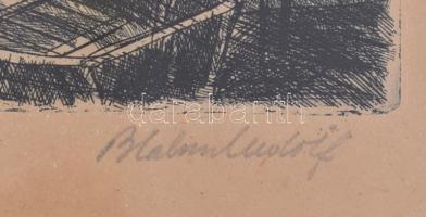 Blahos Rudolf (1917-1986): Estefelé. Rézkarc, papír, jelzett, díszes üvegezett fa keretben, 27×33 cm