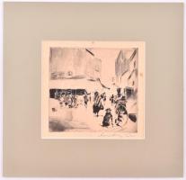 Olvashatatlan jelzéssel: Piac. Rézkarc, papír, paszpartuban, apró foltokkal és gyűrődéssel, 14×15 cm