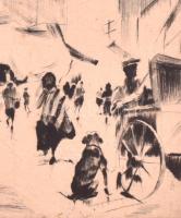 Olvashatatlan jelzéssel: Piac. Rézkarc, papír, paszpartuban, apró foltokkal és gyűrődéssel, 14×15 cm