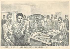 Gacs Gábor (1930-2019): A Nemzeti Dal nyomdai előkészítése 1848 március 15. Rézkarc, papír, jelzett, üvegezett fa keretben, 19,5x29 cm