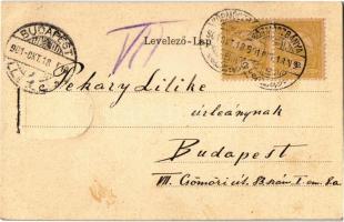 1901 Körmöcbánya, Kremnitz, Kremnica; Fő tér, Szentháromság szobor. Szecessziós litho keret címerrel...