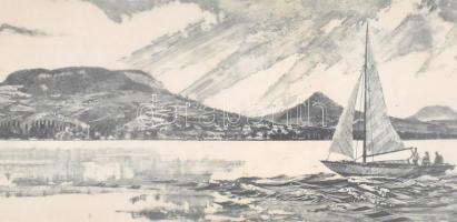 Csurgói Máté Lajos (1931-2001): Badacsonyi vizeken,  rézkarc, papír, jelzett, üvegezett keretben. 19...