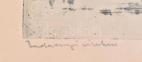 Csurgói Máté Lajos (1931-2001): Badacsonyi vizeken,  rézkarc, papír, jelzett, üvegezett keretben. 19...