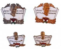 1950. "József Attila Olvasó Mozgalom" arany- és bronzfokozatú zománcozott fém "DISZ" (Dolgozó Ifjúság Szövetsége) jelvény (2xklf) + 1957. "József Attila Olvasó Mozgalom KISZ" arany- és bronzfokozatú zománcozott fém jelvény (2xklf) T:2,2-