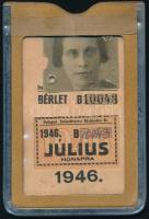 1946 Budapest Székesfővárosi Közlekedési Rt. (BSzKrt) fényképes bérlet, 4 szelvénnyel (április, május, június, július), kissé sérült fotóval, műanyag-fém tokban