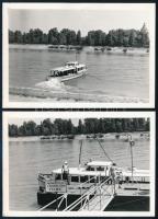 1956 2 db vintage fotó, Budapest, F.K.V. (Fővárosi Közlekedési Vállalat) hajó átkel a Dunán a Margitszigetre, az egyiken a háttérben a margitszigeti víztorony, hátoldalán évszámmal feliratozott felvételek, 6,5x9,5 cm