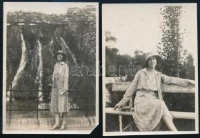 1930 június 12, Budapest, Margitsziget, fiatal hölgyről készült felvételek, egyik a Japánkertben található vízesésnél, hátoldalán feliratozott 2 db vintage fotó, egyik a jobb alsó sarkában hiányos, 8x6 cm
