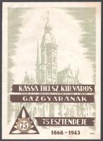 1943 Kassa thj város Gázgyárának 75 esztendeje. Dekoratív nyomat Vass B. jelzéssel, valószínűleg borító. Beltartalom nélkül. 21x30 cm