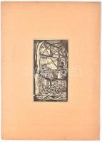 Balogh László (1930-): Eger épületbontás . Linómetszet, papír, jelzett, 35x18 cm paszpartuban