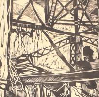 Balogh László (1930-): Eger épületbontás . Linómetszet, papír, jelzett, 35x18 cm paszpartuban