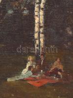 Rudnay (?) jelzéssel: Piknik. Olaj, fa, díszes neobarokk stílusú fa keretben, 25x19 cm