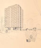 Veisz György 1955 jelzéssel: Hatfogatú többlakásos ház távlati képe. Toll, papír, felső sarkainál sé...