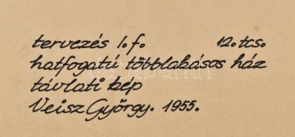 Veisz György 1955 jelzéssel: Hatfogatú többlakásos ház távlati képe. Toll, papír, felső sarkainál sé...