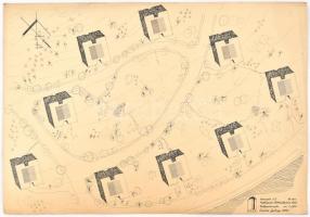 Veisz György 1955 jelzéssel: Hatfogatú többlakásos ház helyszínrajza. Toll, papír. 40x59,5 cm