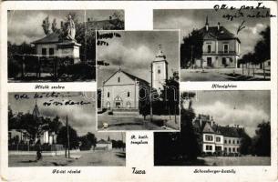 1949 Tura, Hősök szobra, emlékmű, Községháza, Római katolikus templom, Fő út, kerékpár, Schossberger kastély. Özv. Kardos Kázmérné kiadása (lyuk / hole)