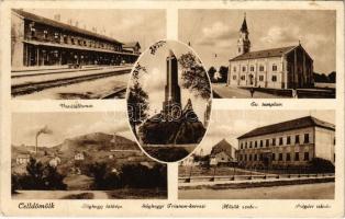 1941 Celldömölk, Vasútállomás, Evangélikus templom, Sághegyi Trianon kereszt, Sághegy látképe, bazaltbánya, Hősök szobra, Polgári iskola (EK)