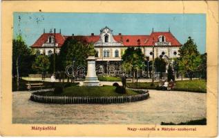 1911 Budapest XVI. Mátyásföld, Nagy szálloda, Mátyás szobor. Varga Sándor kiadása (r)