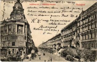 1909 Budapest VI. Andrássy út, villamos, fogorvos, üzletek (EK)
