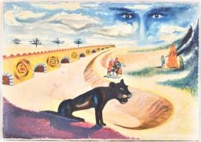 Róna jelzéssel: Mesevilág. Vegyes technika, vászon, sérült. 70x100 cm