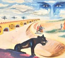 Róna jelzéssel: Mesevilág. Vegyes technika, vászon, sérült. 70x100 cm