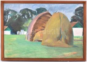 Szurcsik János (1931-): Szénakazlak. Olaj, vászon, jelzett és datált (Szurcsik 981), hátoldalán a mű...
