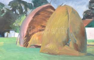 Szurcsik János (1931-): Szénakazlak. Olaj, vászon, jelzett és datált (Szurcsik 981), hátoldalán a mű...