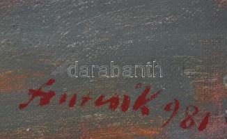 Szurcsik János (1931-): Szénakazlak. Olaj, vászon, jelzett és datált (Szurcsik 981), hátoldalán a mű...