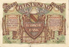 Német Birodalom/Weimari Köztársaság/Baden/Badische Bank 1923. 10.000M (4x) klf szériabetűkkel T:II