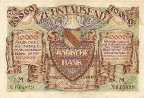 Német Birodalom/Weimari Köztársaság/Baden/Badische Bank 1923. 10.000M (4x) klf szériabetűkkel T:II