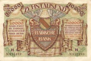 Német Birodalom/Weimari Köztársaság/Baden/Badische Bank 1923. 10.000M (4x) klf szériabetűkkel T:II