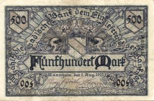 Német Birodalom/Weimari Köztársaság/Baden/Badische Bank 1922. 500M T:II