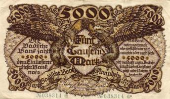 Német Birodalom/Weimari Köztársaság/Baden/Badische Bank 1922. 5000M T:III
