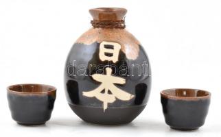 Japán festett, mázas kerámia kiöntő, 2 db kupicával, hibátlan, m: 4 és 13 cm
