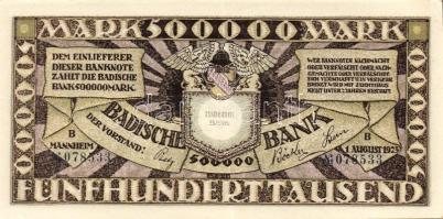 Német Birodalom/Weimari Köztársaság/Baden/Badische Bank 1923. 500.000M (3x) klf szériabetűkkel T:I,II+