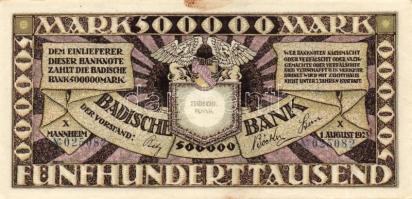 Német Birodalom/Weimari Köztársaság/Baden/Badische Bank 1923. 500.000M (3x) klf szériabetűkkel T:I,I...