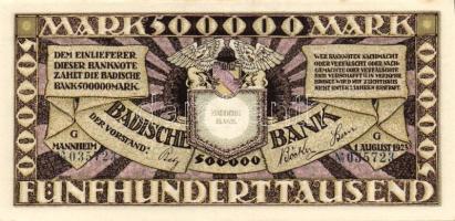 Német Birodalom/Weimari Köztársaság/Baden/Badische Bank 1923. 500.000M (5x) egymásutáni, ill kevés ugrású sorszámokkal T:I,I-,II+