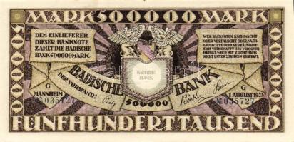 Német Birodalom/Weimari Köztársaság/Baden/Badische Bank 1923. 500.000M (5x) egymásutáni, ill kevés u...