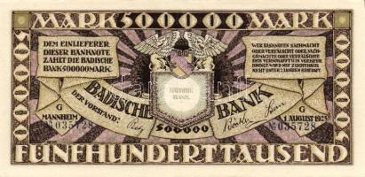 Német Birodalom/Weimari Köztársaság/Baden/Badische Bank 1923. 500.000M (5x) egymásutáni, ill kevés u...