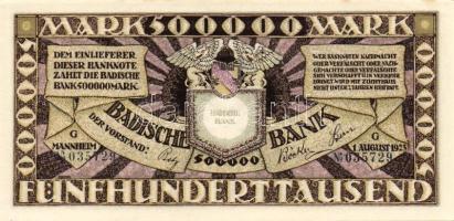 Német Birodalom/Weimari Köztársaság/Baden/Badische Bank 1923. 500.000M (5x) egymásutáni, ill kevés u...